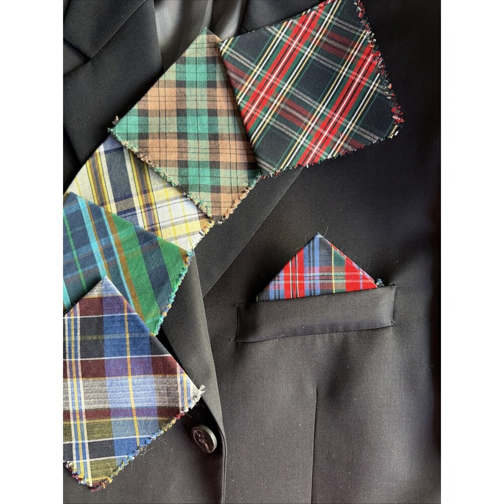 Six (6) Vintage Multi Tartan Plaid Cotton Fabric Men’s Pocket Squares